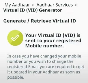 VID sent to registered mobile number